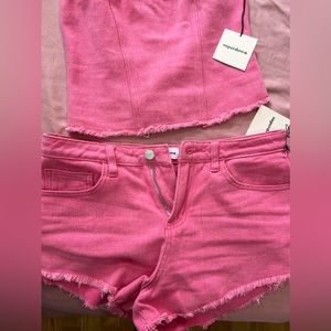 SUPERDOWN Domonique Strapless Denim Top & denim shorts